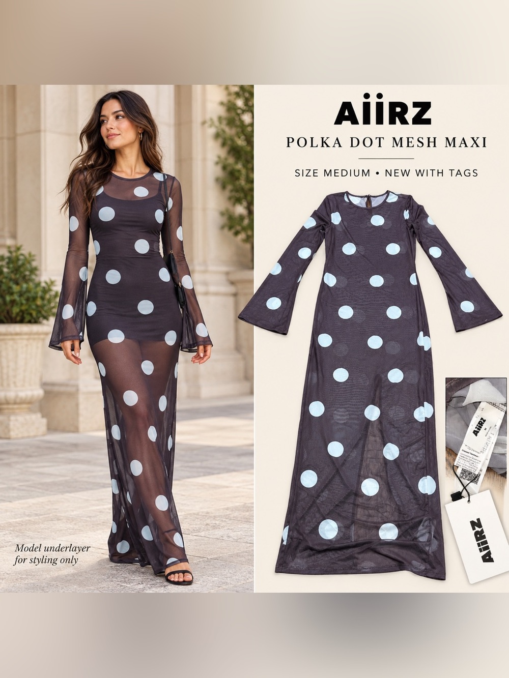 AIIRZ Polka Dot Sheer Mesh Maxi Dress – Medium – NWT